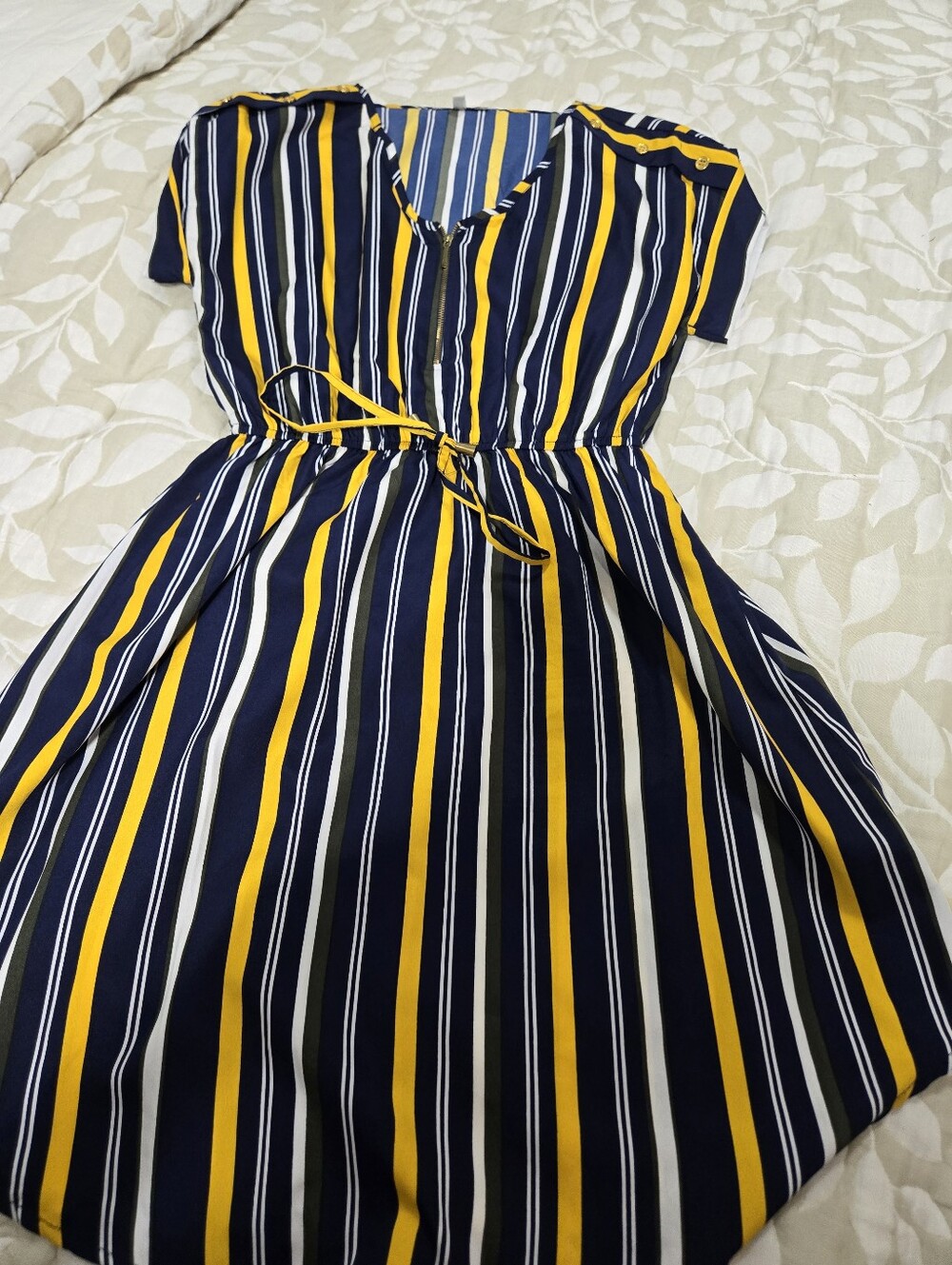 Navy & Yellow Striped Short Sleeve Women’s Dress